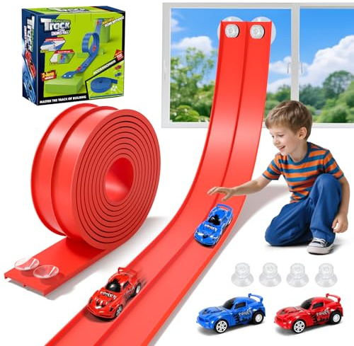 Flexible Race Track 5M: KETIEE Car Track for Kids, Car Ramp Toy with 2 Racing Cars 4 Suction Cups, Rolls Up Portable Dual Racetrack Birthday Gifts for 3 4 5 6 7 8 Years Old Boys Girls Kids, Red