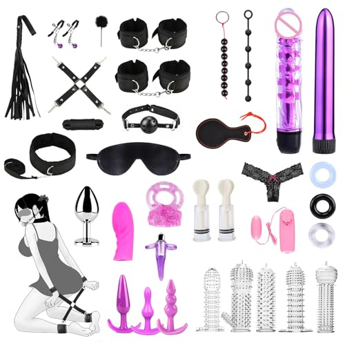 Qoosea 34 Piezas SM Bondage Kit, BDSM Restraints Kits Erótico Set Juguetes Sexuales Plug Anal Butt Plug Set para Parejas Bondage Set Esposas para Principiantes y Experimentados