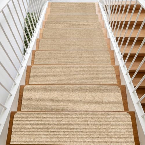 Meenewching Treppenstufen Matten 15 Stück, 55 x 22cm Selbstklebende Stufenmatten, Maschinenwaschbar Treppenteppich, Anti Rutsch Treppenmatten, für Familien mit Kindern, Senioren und Haustieren, Beige