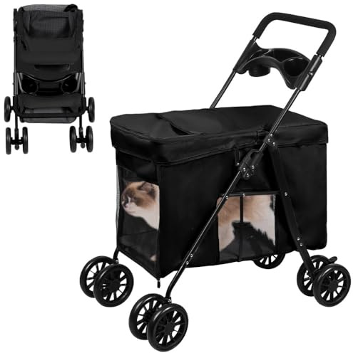 OHMG Passeggino pieghevole per cane gatto, passeggino, trasportatore per animali da compagnia con 4 ruote e freno, carrello per cani, passeggino bambola, carico 20 kg
