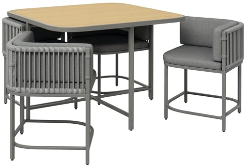 Outsunny 4 Seater Rattan Cube Garden Furniture Set Cushions, Grey | Square Garden Dining Set, Stone Composite Board Top Table, Wicker Outdoor Table and Chairs