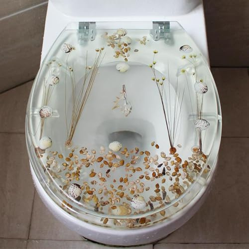 Asiento De Inodoro Redondo De Resina Transparente con Diseño De Flores Secas, Cierre Suave Y Liberación Rápida, Fácil De Instalar Y Limpiar, con Bisagras De Acero Inoxidable, 44 X 36,5 Cm.