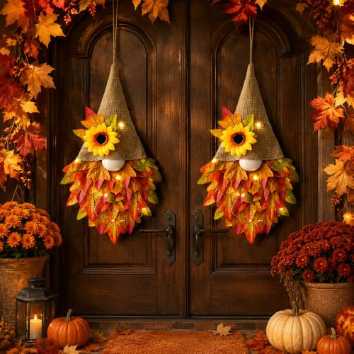 2 PCS Autumn Wreaths for Front Door with LED Light, Maple Fall Gnome Decor | Perfect Autumnal Door Decorations for Harvest Festival | Thanksgiving Fall Garland Design for Outdoor Home Wall