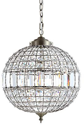 JONATHAN Y 16 Antique Brass/Clear Modern Crystal LED Pendant Light for Kitchen, Clear Crystal Shade, Glam Globe Chandelier Hanging Ceiling Lamp for Dining Room Entryway (JYL6110B)