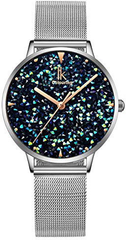 Alienwork Armbanduhr Damen Silber Metall Mesh Armband Edelstahl Blau Strass-Steinen Glitzer Elegant