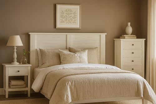 PEJECAR Cabecero Campero-Vintage para Cama de 150, Fabricado en Madera Maciza de Pino alistonada Acabado en Blanco Envejecido Totalmente Acabado