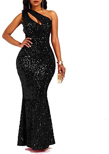 VERWIN Sequins Fashion Sleeveless Oblique Collar Mermaid Women's Maxi Dress Bodycon Dress Party Dress M Black