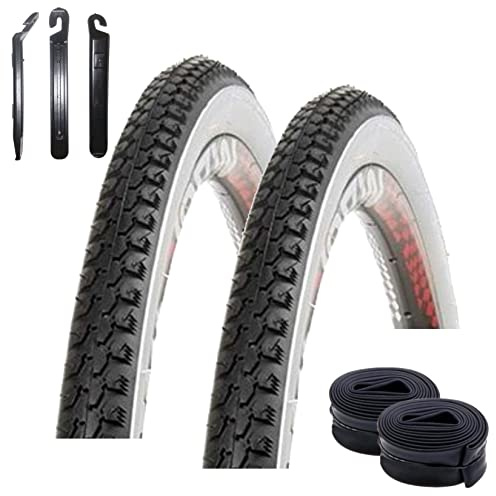 Erbjudandesats/2 x Kenda K-131 27,5 tum cykeldäck cykelrock svart/vit 37–584 (26 x 1 3/8 x 1 1/2) 2 matchande slangar DV inkl. 3 däcklyftare