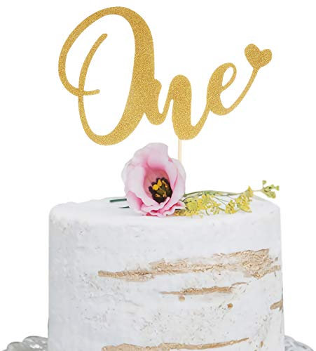 Gold ONE Décoration de gâteau pour 1er anniversaire – Paillettes dorées en forme de cœur, fournitures de décoration de gâteau, décoration de gâteau simple face, accessoires de photomaton photo