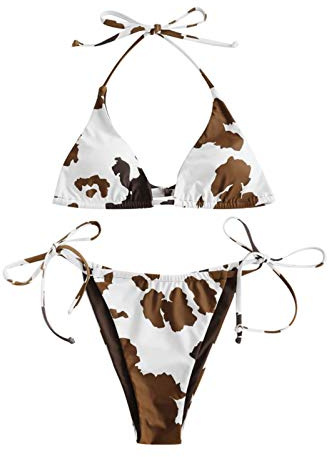 BBRS Women Two Piece Cow Print Split Sets Plus Size Beachwear Swimsuit Bikini Brown