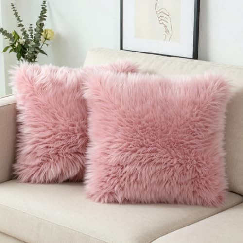 OYIMUA Soft Faux Fur Cushion Covers 45x45cm Pink Set of 2 for Sofa Bed