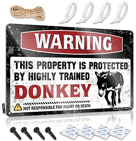 COTECI Lustige Warnschilder, Warnung: Dieses Objekt wird durch einen hoch trainierten Esel geschützt, Metallschild, Schuppenzubehör, Garagenzubehör (Größe: 20 x 30 cm)
