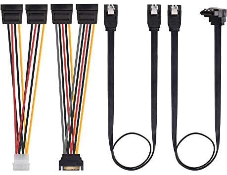 Cable Matters SATA III Datenkabel und SATA-Stromkabel-Set mit geradem und 90-Grad-SATA3-Anschluss, Netzteiler-Adapter und Molex-Adapter in Schwarz