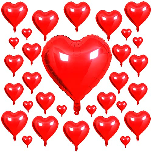 Songjum 31 Pièces Ballons en Coeur Rouge Ballons en Aluminium avec Grand Ballon Cœur Rouge de 81 cm pour Anniversaire Mariage Saint Valentin Naissance Douche de Bébé