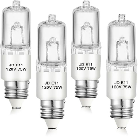 Jaenmsa E11 Halogen Bulb,120V 75W Halogen Candelabra Bulbs 4 Pack，T4 Mini Base JD E11 Bulb,Dimmable 2700K Warm White,for Chandeliers,Candelabra,Ceiling Fan, Table Lamps, Cabinet Lighting