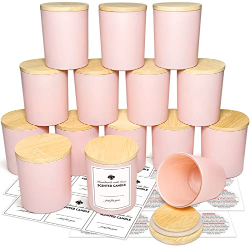 SUPMIND Confezione da 15 barattoli vuoti in vetro per candele, 200 ml, colore rosa grigiastro, con coperchio in bambù ed etichette adesive, barattoli per candele sfusi per realizzare contenitori per