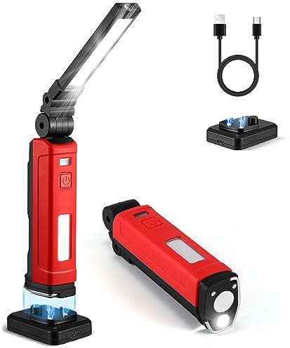 ONEVER LED Arbeitsleuchte Werkstattlampe, Wiederaufladbare Taschenlampe mit Basisladung Magnet und Haken, Geschenke für Männer Papa für Auto Reparatur Camping Notfall