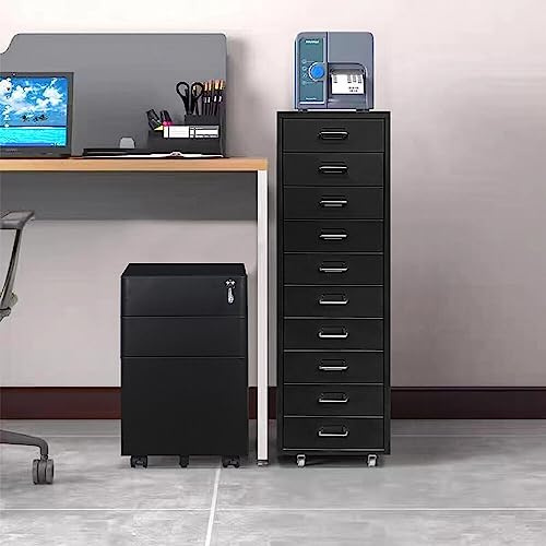Panana Tall Office Home Metal Filing Cabinet Cupboard on Castors Cabinet 10 Drawer Storage Unit,Bedroom Chest of Drawer (Black, 10 Drawer)