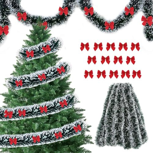 FePen Ghirlanda natalizia da 10 m, Ghirlanda di pino Artificiale, Ghirlanda Albero di Natale 30 fiocchi, ornamento per decorazioni natalizie per feste Porta Scale Camino Casa Interni Esterno (Rosso)