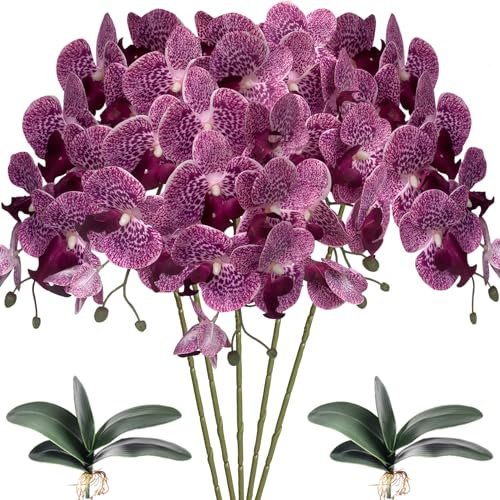 HinyoCo 5 Künstliche Phalaenopsis-Blumen,80 cm Künstliche Orchidee mit Künstliche Orchidee Blätter 2 Bündeln, Party, Büro, Terrasse, Hof, Heim-Blumendekoration (Lila Flecken)