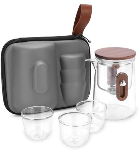 Enchanti - Teiera magica da viaggio in vetro borosilicato con filtro rimovibile, separazione dell'acqua con controllo a pressione, con 3 tazze, sacchetto portaoggetti, 330 ml