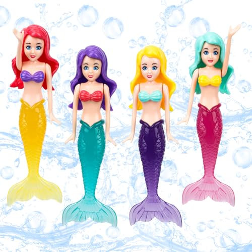 4pcs Mermaid Water Toys, Plastic Mermaid Pool Toys Glow in the Dark Colorful Bathing Diving Dolls for Bathtub Swimming Pool Girls Boys Children's Gifts