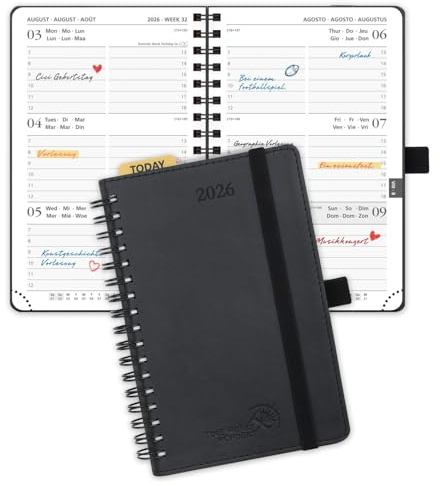 POPRUN Kalender 2026 Liten 16 x 10,5 cm, Mjukt Omslag, Ficka Agenda 2026 med Plastlinjal, Vegansk Läder, 100 GSM tjockt papper, Svart