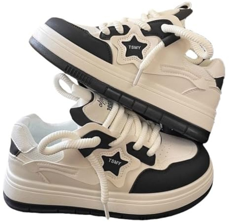 Star Shoes Walking Sneakers for Women ，Chunky Lace-Up Platform Sneakers with Y2K Aesthetic, Cute Comfort for Casual Sports UK 4-6.5 Black