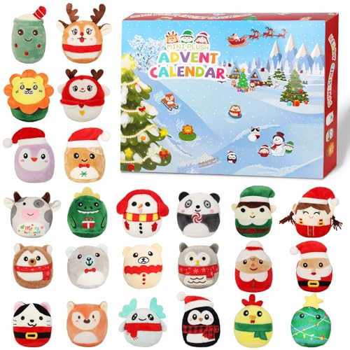 Weihnachts-Adventskalender 2025 mit 24 süßen Mini-Plüschtieren (8 cm), 24 Tage Stofftier-Countdown, weiche Sammlerplüschtiere, Feiertags-Countdown-Geschenkset für Kinder, Jugendliche und Erwachsene