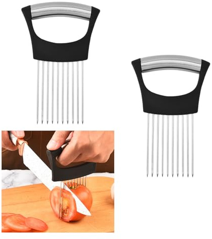Dreamil Juego de cortadores de cebolla de acero inoxidable, 2 soportes para cebolla, de acero inoxidable, para cortar, utensilios de cocina para cebollas, tomates, verduras y frutas (negro)