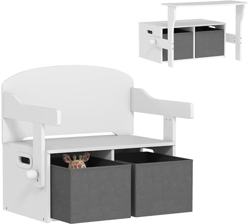 AIYAPLAY 3 in 1 Kids Storage Bench with 2 Removable Fabric Bins, White