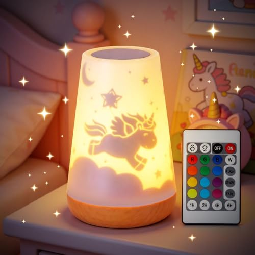 Unicornio Mágico Luz Nocturna Niñas, LED 16 Colores Control Táctil Mando