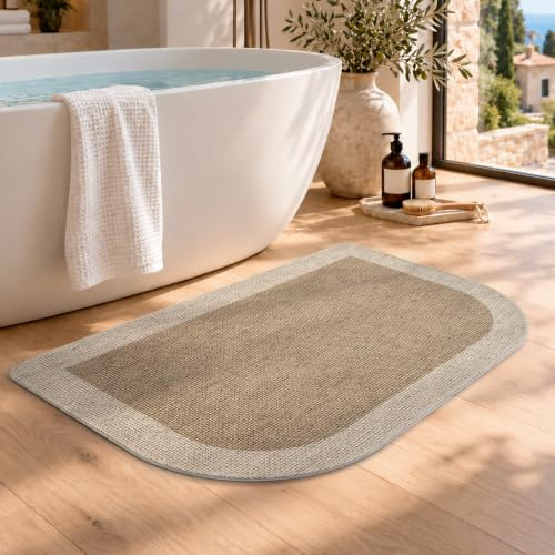 Quqei Half Circle Bath Mat Thin Bathroom Rugs Fit Under Door, 40x60cm Brown | Non Slip Rubber Backing, Quick Dry Absorbent, Washable, Semi Circle Bath mats for Bathroom Floor, Tub, Sink, Outside Shower