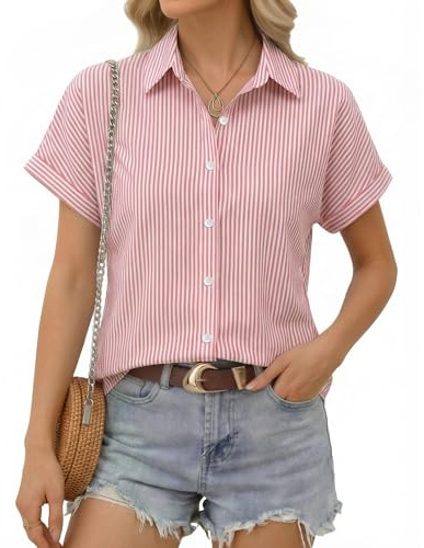 ALGALAROUND Women's Striped Tops V-Neck Short Sleeve Button Down Shirts Casual Summer Fitted Shirt Basic Shirts Going Out Elegant Smart Blouses for Women