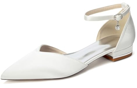 Generico Scarpe da Sposa Donna Tacco Largo 2,5 cm Scarpe Matrimonio Punta Affusolata con Cinturino alla Caviglia Eleganti per Cerimonia Ricevimento Festa,Ivory White,43 EU