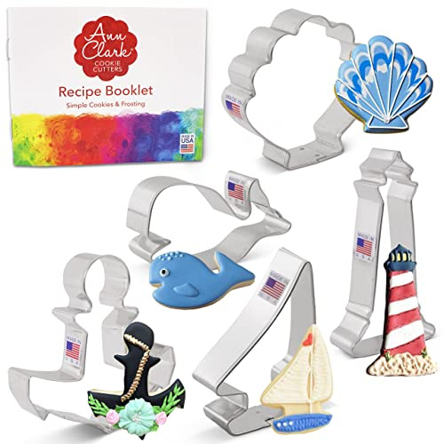Ausstechformen von Ann Clark USA - Seefahrt Segeln Keksausstecher - 5-Teiliges Set - Anker, Segelboot, Leuchtturm, Muschel, Wal