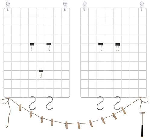 SONGMICS Griglia da Parete, Pannello Griglia, Set di 2 Espositori Foto a Parete, Decorazione in Rete Metallica, Fai da Te, Ganci a S, Mollette, Corda di Canapa, Bianco LPP01W