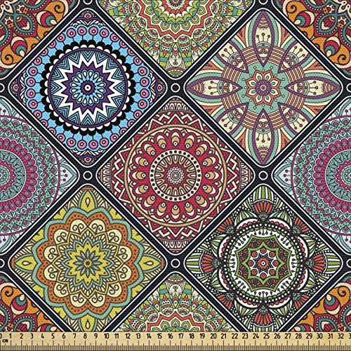 ABAKUHAUS Mandala Stoff als Meterware, Kreise in Rechtecken, Qualitäts Stoff Dekorativer Polster Heimtextilienstoff, 2M (148x200cm),Schwarz Mehrfarbig