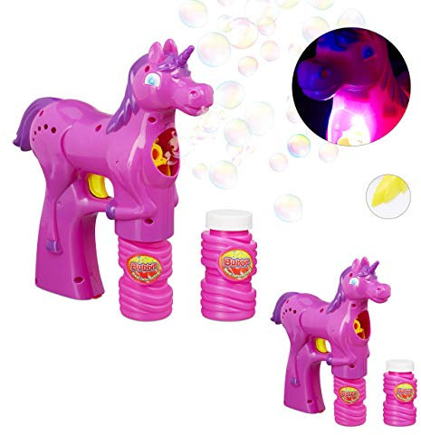 Relaxdays 2 x Einhorn Seifenblasenpistole, LED, batteriebetrieben, inkl. 4X Seifenblasen Flüssigkeit, Kinder & Erwachsene, pink