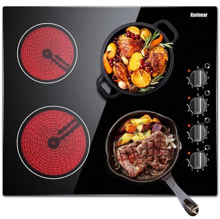 Karinear Ceramic Hob, Built-in 4 Burners Electric Hob 60cm Ceramic Cooker with Electronic Knob Controls, Residual Heat Indicator, 6000W, Hard Wired, No Plug Included