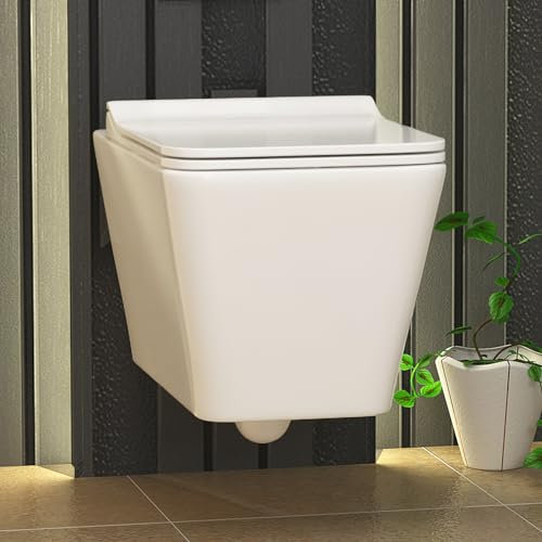Wall Hung Rimless Toilet 360mm Projection Gloss White Square Pan with Slim Soft Close Seat – Space Saving Design (Elena).