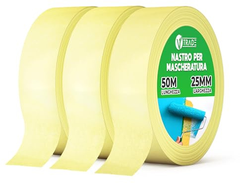 V1 TRADE Malerkrepp 25mm x 50m 3 Stück – Kreppband Für Malerarbeiten – Malerklebeband Wasserfest – Abklebeband Leicht Abziehbar Ohne Rückstände
