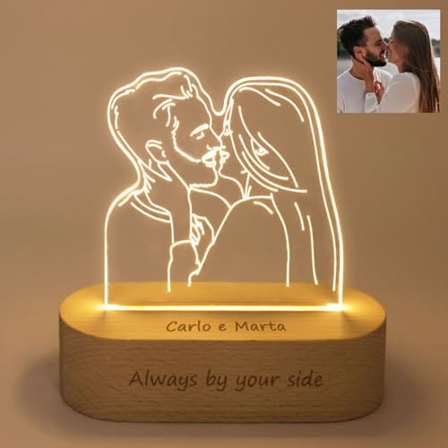 LAC Lampada Personalizzata con Foto 3D - Lampada da Personalizzare Incisa su Plexiglass e Base in Legno | Cornice con foto Personalizzata, Regalo Personalizzato per Coppia, Famiglia o Amici