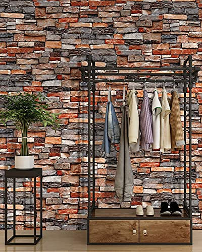 BUVU Vinyltapete 53x1000cm Steintapete Orange Grau Weiß Rustikal Natur Stein, schöne edle Tapete im Steinmauer Loft Design, moderne 3D Optik für Wohnzimmer, Schlafzimmer