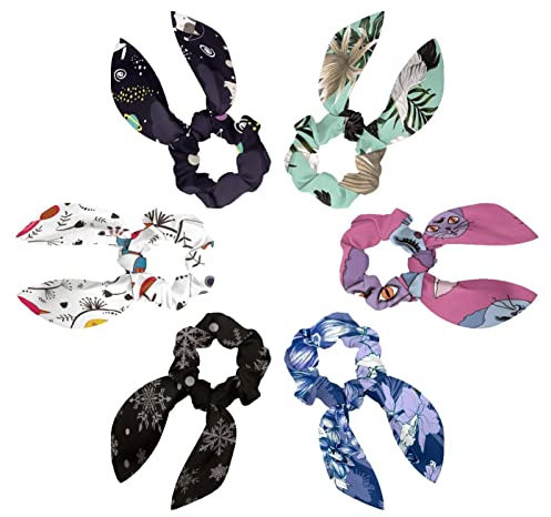 6PCS Hair Scarf Scruncheis for Women Girls, Ribbon Bow Elastic Hair Ties Bands Satin Hair Ribbon Scrunchy Ponytail Holder Accessories,Crans and Parrot in Lotus Orchid Palm Leaves