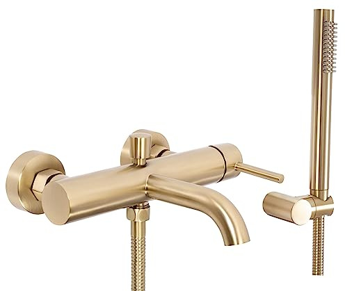 Rea BADKRAN Lungo Brush Gold Badkarsblandare med handdusch i mässing för varmt och kallt badrum Justerbar (borstat guld)