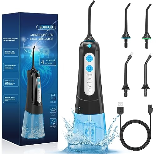 SURFOU Munddusche Kabellos Mundduschen 300ML 4 Modi 4 Düsen, Mundduschen Reise Water Flosser IPX7 Wasserdicht USB Wiederaufladbar für Reisen & Hause