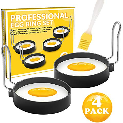 Stampo per Uovo Fritto, 4 Pezzi Antiaderenti Rotondi Con Spazzola e Custodia in Silicone a Prova di Scottatura - Strumento da Cucina per Uova, Panini, Muffin Inglesi