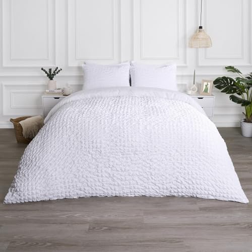 OHS Seersucker Duvet Cover, Geometric Single Duvet Cover Set Quilt Bedding Embossed Luxury Super Soft Comfy Waffle Bedding Covers with Pillowcase, White