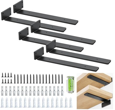 Supporto per scaffali galleggianti, 12 pollici, colore nero, robusto, con viti, angolo di 90 gradi, angolo e supporto in metallo, con finitura in ferro moderna, confezione da 6 pezzi, colore Nero
